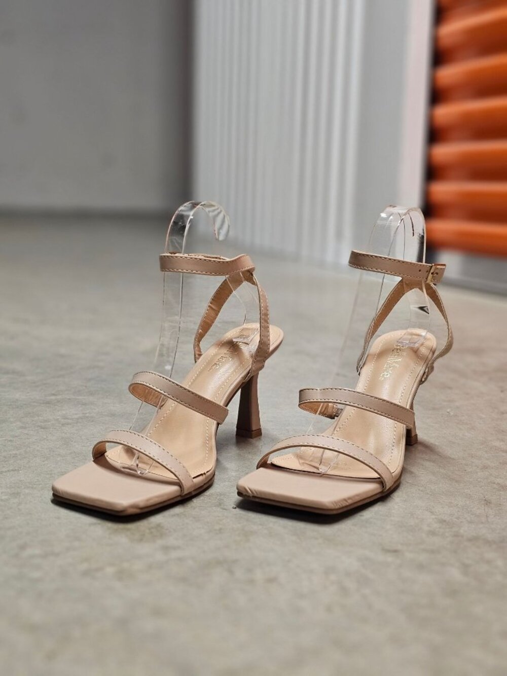 Strappy Nude Beige High Heel Sandals With Square Toe & Adjustable Ankle Strap Fo - Picture 5 of 15